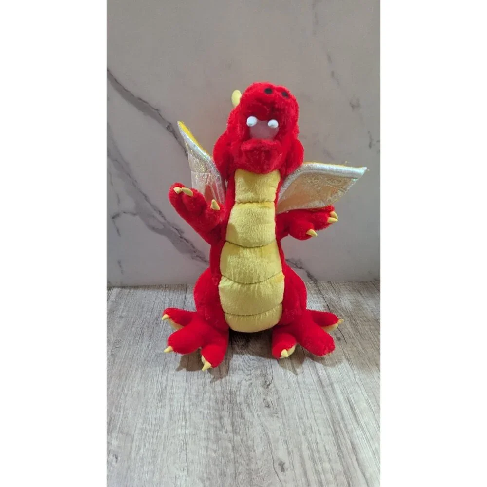 Vintage‎  Toy  Works Red Yellow Plush Dragon Toy Gold Wings 12  Stuffed Animal